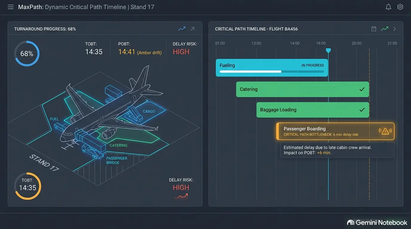 AeroTurn 360 MaxPath dynamic critical path timeline, showing an isometric aircraft stand view with live TOBT/POBT tracking and delay-risk alerts alongside a Gantt-style service timeline.