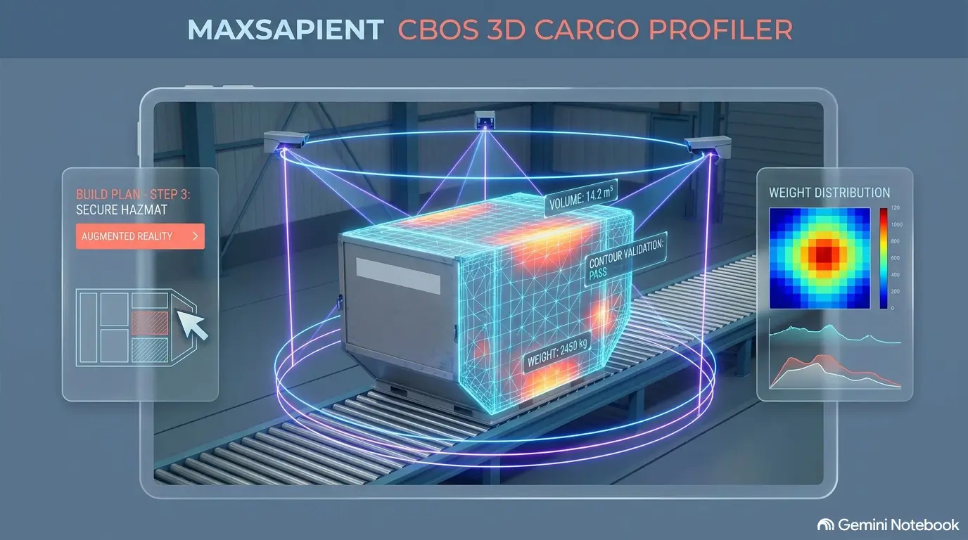 CBOS Build Assistant AR overlay on a warehouse ULD stack, showing contour profile approval, volume utilisation, a cleared safety check, and the next piece to load.