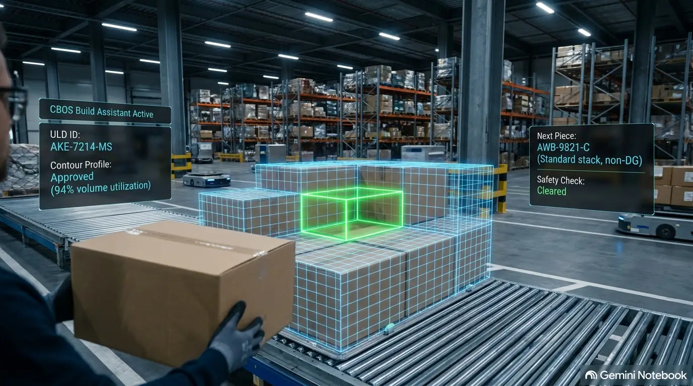 MaxSapient CBOS 3D Cargo Profiler showing an AR-scanned ULD with live volume, weight and contour validation readouts, alongside a weight-distribution heatmap.