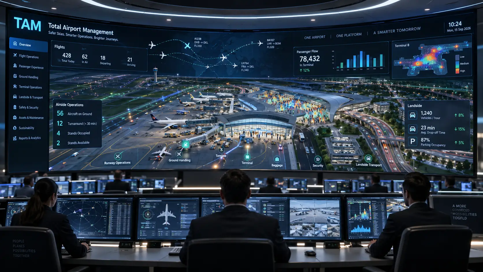 Total Airport Management executive command room with an ultra-wide operations wall showing flight tracking, passenger flow, terminal heatmaps, airside operations and landside transport, staffed by an operations team.